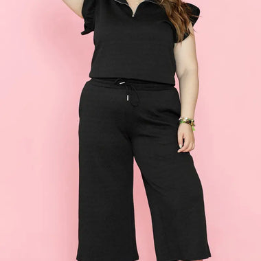 Black Plus Ruffled Sleeve Quarter Zip Top Wide Leg Pants Set - Plus Size/Plus Size Bottoms