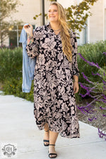 Black Plus Size Floral Printed Puff Sleeve Collared Maxi Dress for relaxed styling