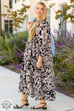 Black Plus Size Floral Printed Puff Sleeve Collared Maxi Dress for Relax 1X 14W-16W