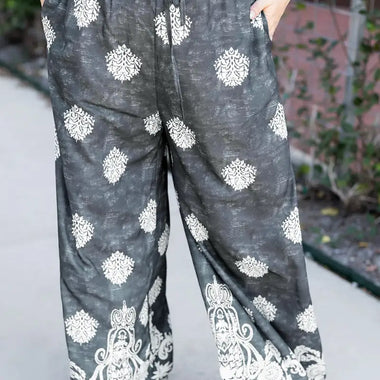 Black Plus Size Geometric Ethnic Print Drawstring Wide Leg Pants - Black / 1X / 100% Polyester - Plus Size/Plus Size