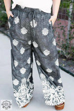 Black Plus Size Geometric Ethnic Print Drawstring Wide Leg Pants - Black / 1X / 100% Polyester - Plus Size/Plus Size