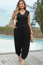 Black Plus Smocked High Waist Sleeveless V Neck Jumpsuit - Black / 1X / 65% Polyester + 30% Cotton + 5% Elastane - Plus