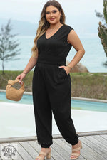 Black Plus Smocked High Waist Sleeveless V Neck Jumpsuit - Plus Size/Plus Size Bottoms