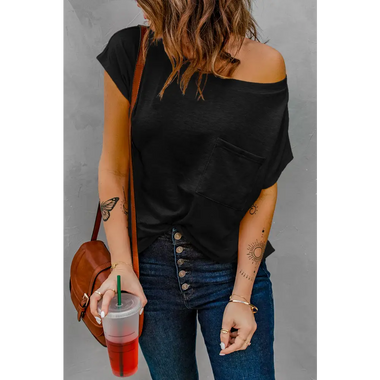 Black Pocketed Tee with Side Slits - Black / S / 95% Polyester + 5% Spandex - Tops/Tops & Tees