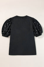 Black Rhinestone Pearl Puff Half Sleeve Top with polka dot puff sleeves in various sizes