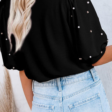 Black Rhinestone Pearl Puff Half Sleeve Top with light wash denim, available in euro sizes