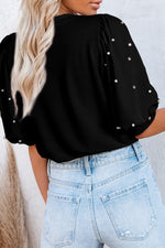 Black Rhinestone Pearl Puff Half Sleeve Top with light wash denim, available in euro sizes