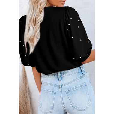 Black Rhinestone Pearl Puff Half Sleeve Top with light wash denim, available in euro sizes