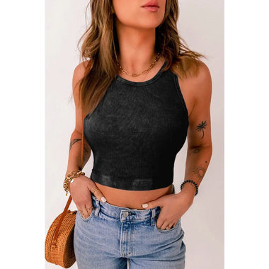 Black Ribbed Mineral Wash Racerback Cropped Tank Top - Black / S / 98% Cotton + 2% Elastane - Tops/Tank Tops