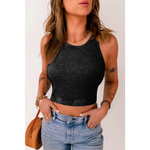 Black Ribbed Mineral Wash Racerback Cropped Tank Top - Black / S / 98% Cotton + 2% Elastane - Tops/Tank Tops