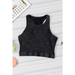 Black Ribbed Mineral Wash Racerback Cropped Tank Top - Tops/Tank Tops