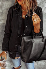 Black Ripped Denim Jacket paired with a stylish tote bag, available in various sizes bust waist