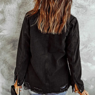 Distressed black denim jacket available in various sizes for bust and waist