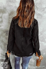 Distressed black denim jacket available in various sizes for bust and waist