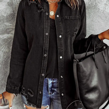 Distressed black denim shirt in Black Ripped Denim Jacket, available in various sizes bust waist