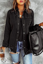 Distressed black denim shirt in Black Ripped Denim Jacket, available in various sizes bust waist