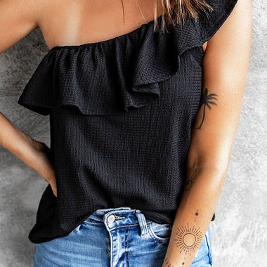 Black Ruffle One Shoulder Crinkle Tank paired with blue jeans, sizes bust length available