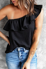 Black Ruffle One Shoulder Crinkle Tank paired with blue jeans, sizes bust length available