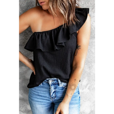 Black Ruffle One Shoulder Crinkle Tank paired with blue jeans, sizes bust length available