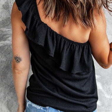 Black Ruffle One Shoulder Crinkle Tank paired with blue jeans showcasing sizes bust length