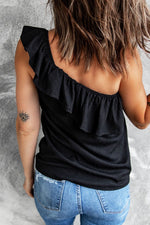 Black Ruffle One Shoulder Crinkle Tank paired with blue jeans showcasing sizes bust length