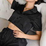 Black Satin Short Sleeve Pajama Set - QH Clothing