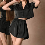 Black Satin Short Sleeve Pajama Set - QH Clothing