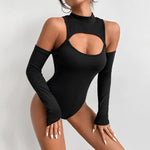 Tight Sexy Topless Bottoming Shirt Irregular Asymmetric Hollow-out Long Sleeve Slim off-the-Shoulder Bodysuit - Quality Home Clothing| Beauty