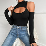 Tight Sexy Topless Bottoming Shirt Irregular Asymmetric Hollow-out Long Sleeve Slim off-the-Shoulder Bodysuit - Quality Home Clothing| Beauty