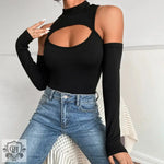 Tight Sexy Topless Bottoming Shirt Irregular Asymmetric Hollow-out Long Sleeve Slim off-the-Shoulder Bodysuit - Quality Home Clothing| Beauty