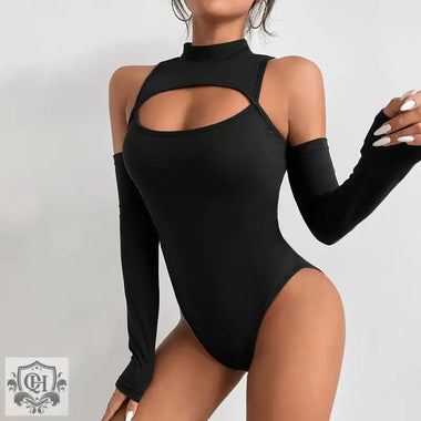 Tight Sexy Topless Bottoming Shirt Irregular Asymmetric Hollow-out Long Sleeve Slim off-the-Shoulder Bodysuit - Quality Home Clothing| Beauty