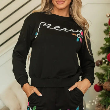 Black Sequin Merry Graphic Pullover and Shorts Outfit - Two Piece Sets/Short Sets