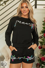 Black Sequin Merry Graphic Pullover and Shorts Outfit - Two Piece Sets/Short Sets