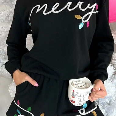 Black Sequin Merry Graphic Pullover and Shorts Outfit - Black / XS / 70% Polyester + 30% Cotton - Two Piece Sets/Short