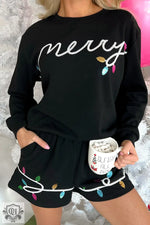 Black Sequin Merry Graphic Pullover and Shorts Outfit - Black / XS / 70% Polyester + 30% Cotton - Two Piece Sets/Short