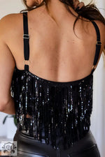 Black Sequin Tasseled Tank Crop Top - Tops/Crop Tops