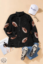 Black denim shirt with football appliques from the Black Sequined Rugby collection