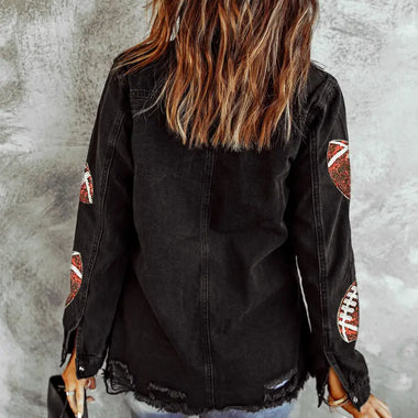 Black Sequined Rugby Football Graphic Frayed Denim Shacket with football patches