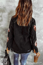 Black Sequined Rugby Football Graphic Frayed Denim Shacket with football patches