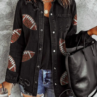 Black Sequined Rugby Football Graphic Frayed Denim Shacket for a relaxed style