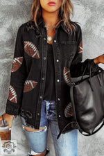 Black Sequined Rugby Football Graphic Frayed Denim Shacket for a relaxed style