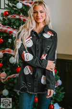 Black Sequined Santa Claus Graphic Frayed Denim Jacket for a relaxed holiday look