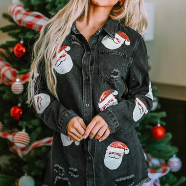 Black Sequined Santa Claus Graphic Frayed Denim Jacket for a stylish holiday look