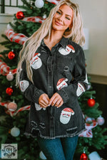 Black Sequined Santa Claus Graphic Frayed Denim Jacket for a stylish holiday look