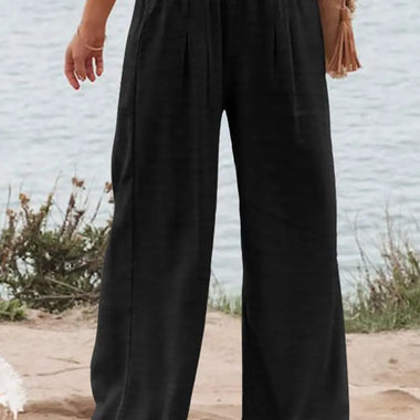 Black Shirred High Waist Plus Size Wide Leg Pants - Black / 1X / 100% Polyester - Plus Size/Plus Size Bottoms