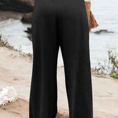 Black Shirred High Waist Plus Size Wide Leg Pants - Plus Size/Plus Size Bottoms