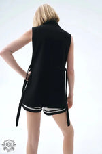 Black Sleeveless Vest with Belt - Clothing