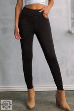 Black Solid Color High Waist Stretchy Slim Fit Jeggings - Black / S / 47% Polyester + 42% Cotton + 11% Elastane