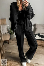 Black Solid Seamed Zipper Jacket and Drawstring Waist Pants Set - Black / S / 50% Polyester + 50% Cotton - Two Piece