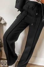 Black Solid Seamed Zipper Jacket and Drawstring Waist Pants Set - Two Piece Sets/Pant Sets